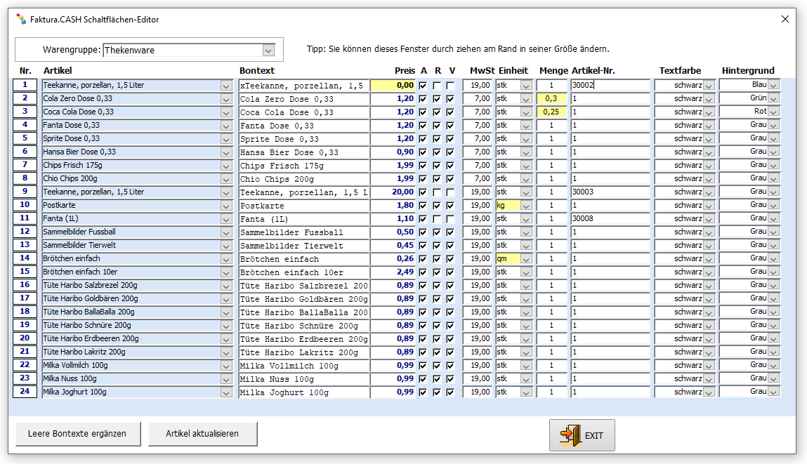 Schaltflächen Editor zur Faktura.CASH Kassensoftware